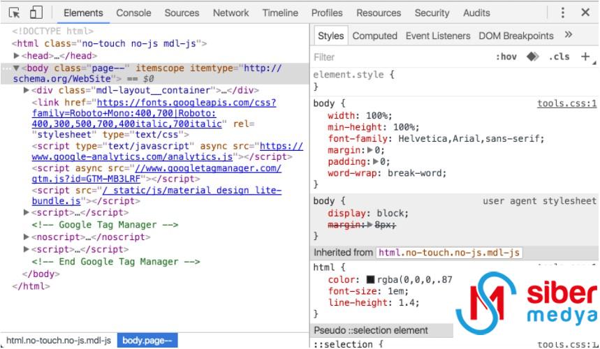 Chrome Geliştirici Araçları Elements