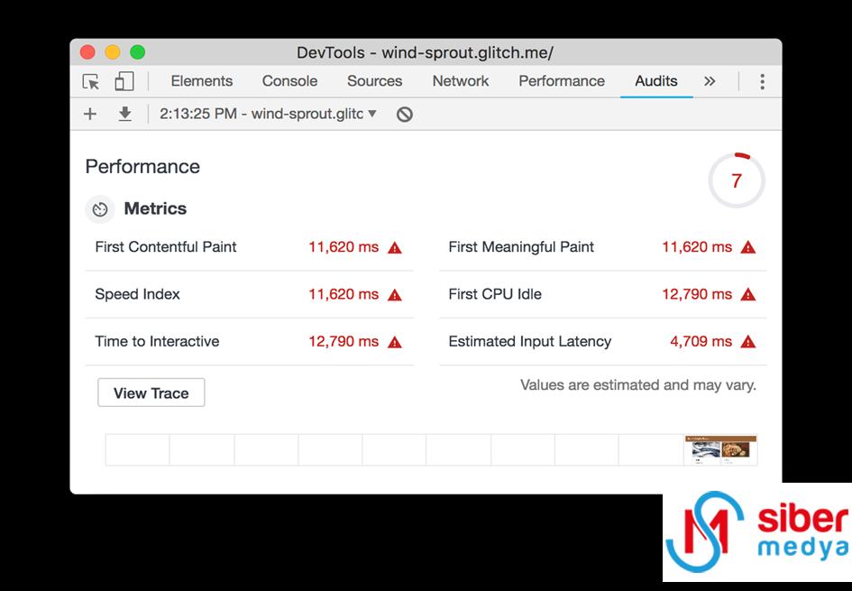 Chrome Geliştirici Araçları Audits Performance